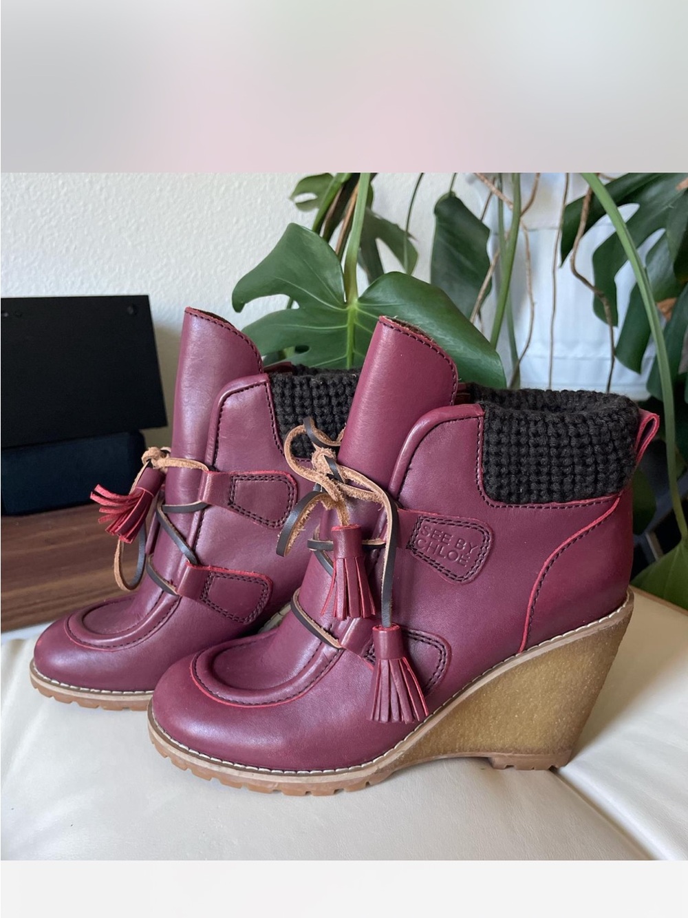 See By Chloe Wine Red Wedge Ankle Boots with Tassel Laces